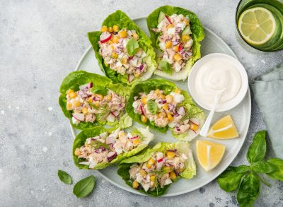 tuna lettuce cups, concept of protein-packed 100-calorie snacks for weight loss